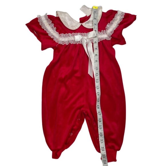 Vintage 80s & 90s Toddler Soft Velvet Bubble Jumpsuit with collar, bow, and lace - Picture 11 of 11